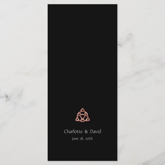 Modern Black Celtic Knot Roos Gold Wedding Menu (Achterkant)