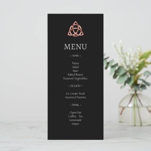 Modern Black Celtic Knot Roos Gold Wedding Menu (Staand voorkant)