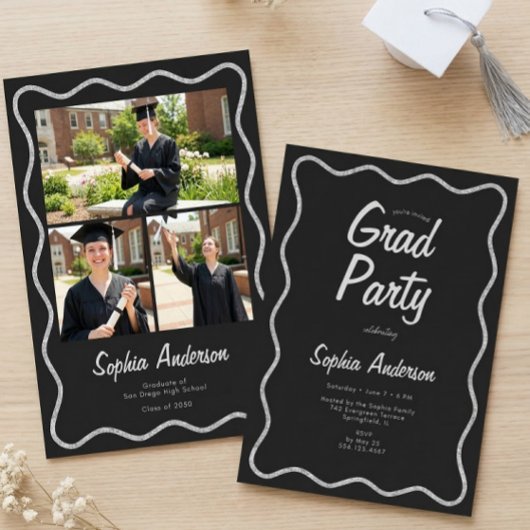 Modern Black Charcoal Photo Collage Graduation Kaart