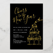 Modern Black Cheers to the New Year Party  Folie Uitnodiging (Voorkant)