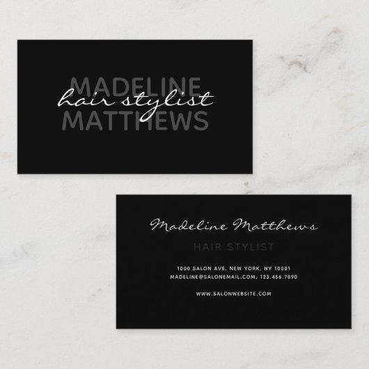 Modern Black Chic Hair Stylist Script Name Stylish Visitekaartje (Voorkant / Achterkant)