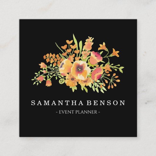 Modern Black Classy Waterverf Floral op maat Vierkante Visitekaartje (Voorkant)