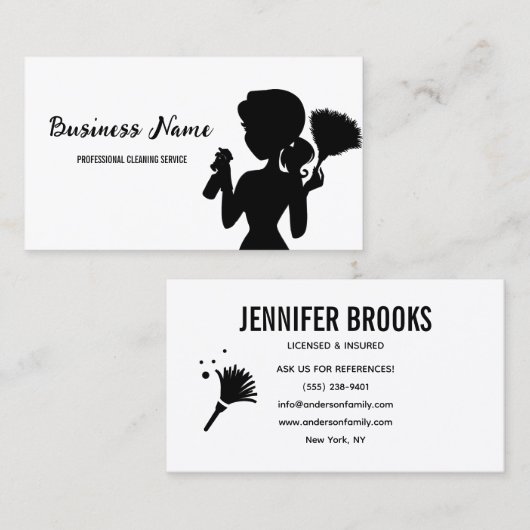 Modern Black Cleaning Service Housekeeper Maid Visitekaartje (Voorkant / Achterkant)