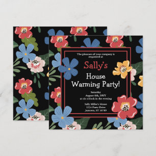 Modern Black Colorful Floral House Warming Party Kaart