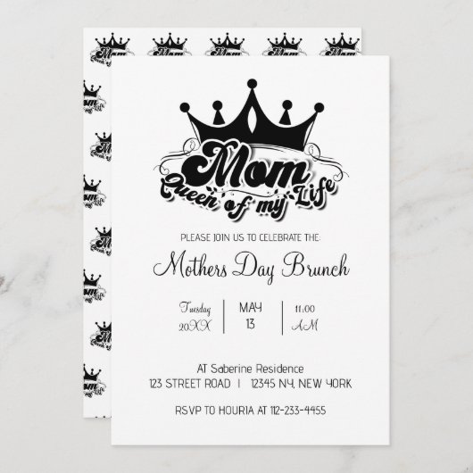 Modern Black Crown MOM Queen of my life Invitation Kaart (Voorkant / Achterkant)