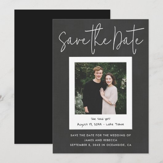 Modern Black Custom Engagement Photo Save the Date Kaart (Voorkant / Achterkant)