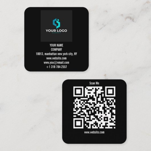 Modern Black Custom Logo and QR Code Vierkante Visitekaartje (Voorkant / Achterkant)