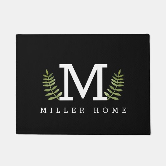 Modern Black Custom Name Green Fern Leaves Deurmat (Voorkant)