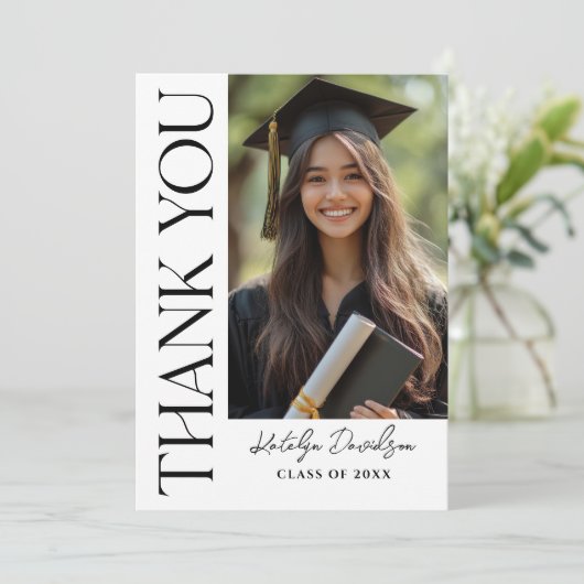 Modern Black Custom Photo Afstuderen Bedankkaart (Staand voorkant)