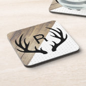 Modern Black Deer Antlers Faux Wood & Pattern Bier Onderzetter (Linkerzijde)