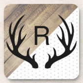 Modern Black Deer Antlers Faux Wood & Pattern Bier Onderzetter (Voorkant)