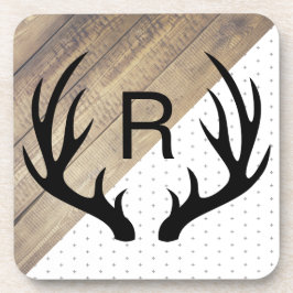 Modern Black Deer Antlers Faux Wood & Pattern Bier Onderzetter