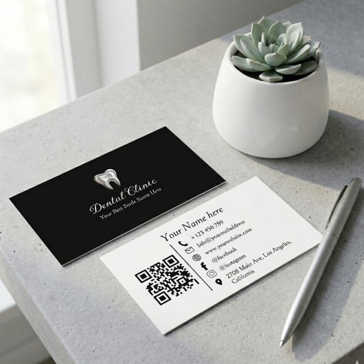 Modern Black Dental Clinic Logo QR Code Dentist Visitekaartje