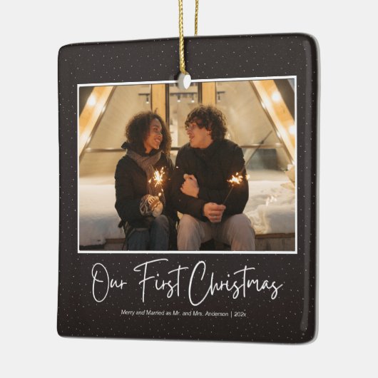 Modern Black Eerste Kerstmis, getrouwd met Mr en M Keramisch Ornament (Links)