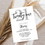 Modern Black Elegant 21st Birthday Kaart<br><div class="desc">Een eenvoudige moderne 21ste verjaardagsuitnodiging met elegante kalligrafie script-typografie en minimalistisch ontwerp in zwart-witte kleur.</div>