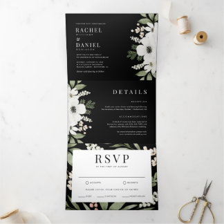 Modern Black Elegant Floral Botanical Wedding Drieluik Uitnodiging