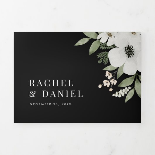 Modern Black Elegant Floral Botanical Wedding Drieluik Uitnodiging (Cover)