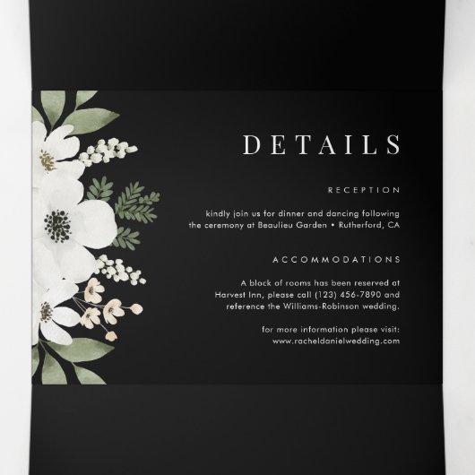 Modern Black Elegant Floral Botanical Wedding Drieluik Uitnodiging (Binnenkant midden)