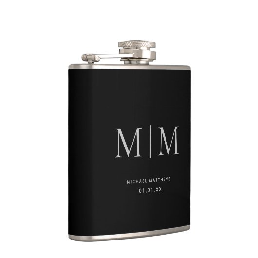 Modern Black Elegant Monogrammed Initiaal Name Heupfles (Rechts)