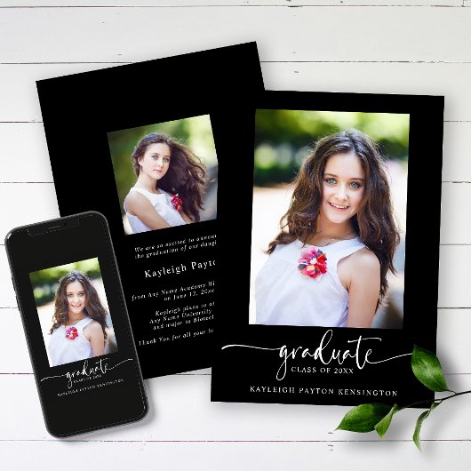 Modern Black Elegant Script Graduation Photo Aankondiging