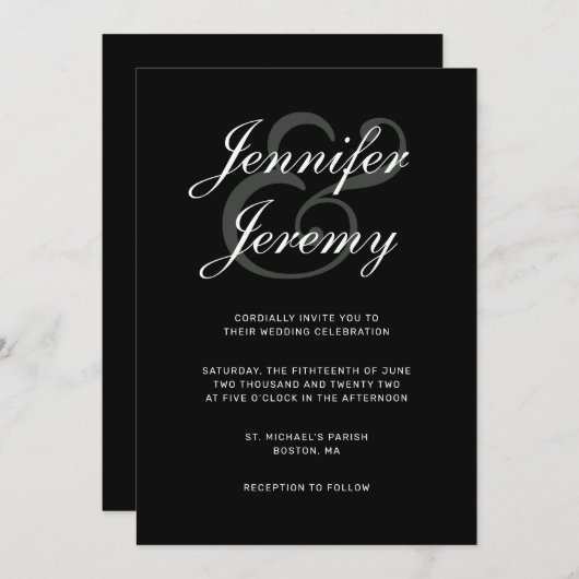 Modern Black Elegant White Grey Script Weddenschap Kaart (Voorkant / Achterkant)