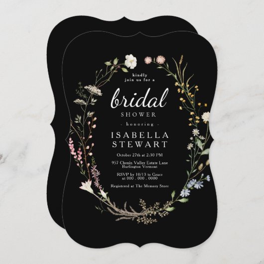 Modern Black Elegant Wildflower Vrijgezellenfeest Kaart (Voorkant / Achterkant)