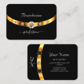 Modern Black en Gold met Initialen Rhinestones Visitekaartje (Voorkant / Achterkant)