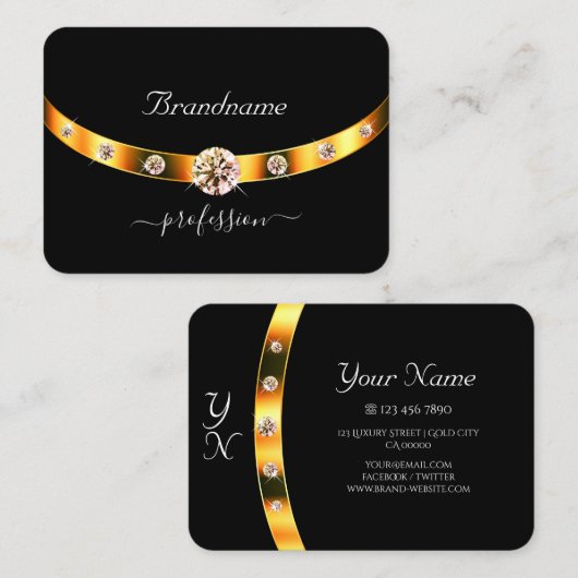 Modern Black en Gold met Initialen Rhinestones Visitekaartje (Voorkant / Achterkant)