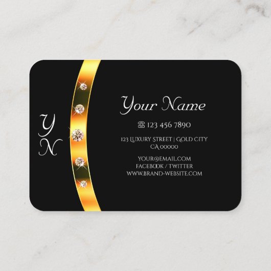 Modern Black en Gold met Initialen Rhinestones Visitekaartje (Achterkant)