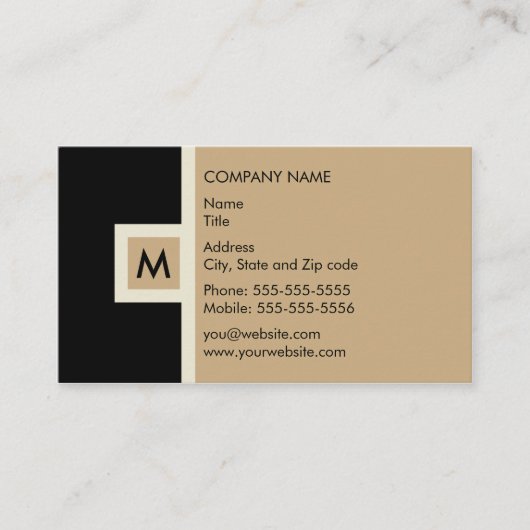 Modern Black en Tan Monogram Visitekaartje (Voorkant)