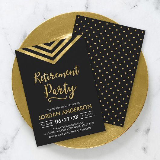 Modern Black Faux Gold Chevron Retirement Party Kaart