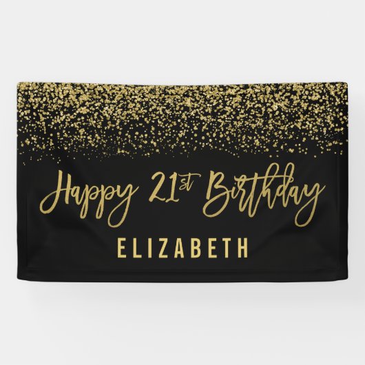 Modern Black Faux Gold Glitter 21st Birthday Spandoek (Horizontaal)