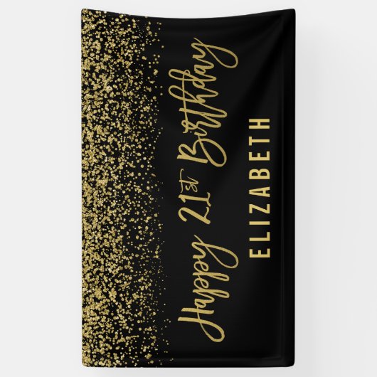 Modern Black Faux Gold Glitter 21st Birthday Spandoek (Verticaal)