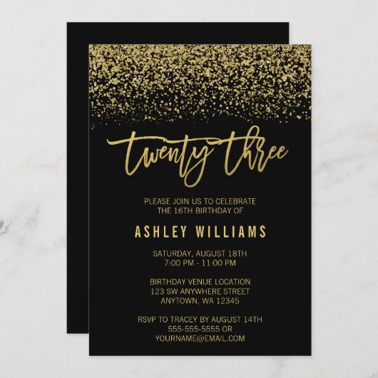 Modern Black Faux Gold Glitter 23e verjaardag Kaart (Voorkant / Achterkant)