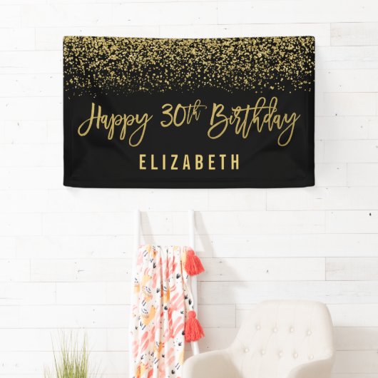 Modern Black Faux Gold Glitter 30th Birthday Spandoek (Insitu)