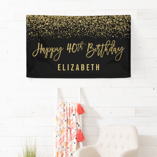 Modern Black Faux Gold Glitter 40th Birthday Spandoek (Insitu)