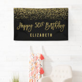 Modern Black Faux Gold Glitter 50th Birthday Spandoek (Insitu)