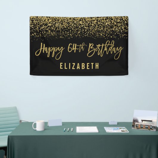 Modern Black Faux Gold Glitter 64th Birthday Spandoek (Beurs)