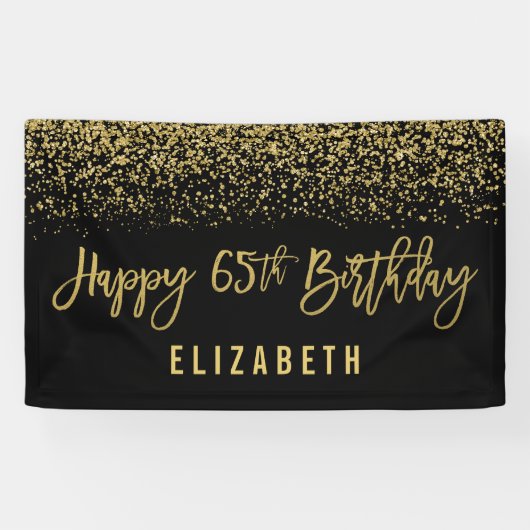 Modern Black Faux Gold Glitter 65th Birthday Spandoek (Horizontaal)