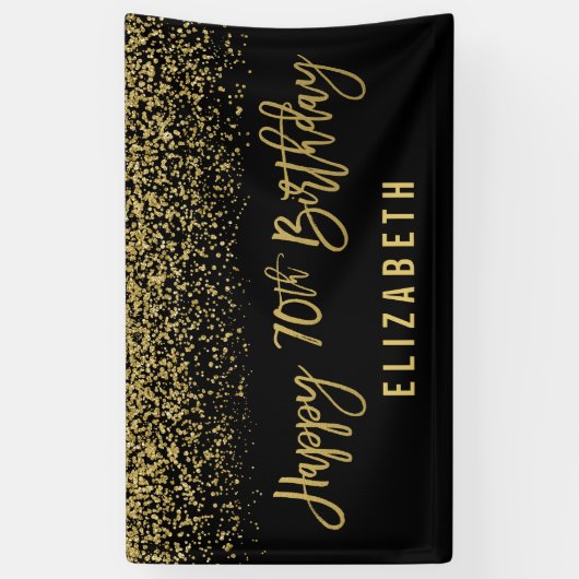 Modern Black Faux Gold Glitter 70th Birthday Spandoek (Verticaal)