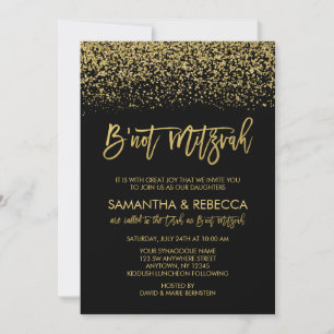 Modern Black Faux Gold Glitter B'not Mitzvah Kaart