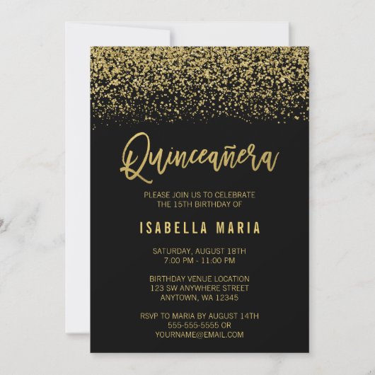 Modern Black Faux Gold Glitter Quinceanera Kaart (Voorkant)