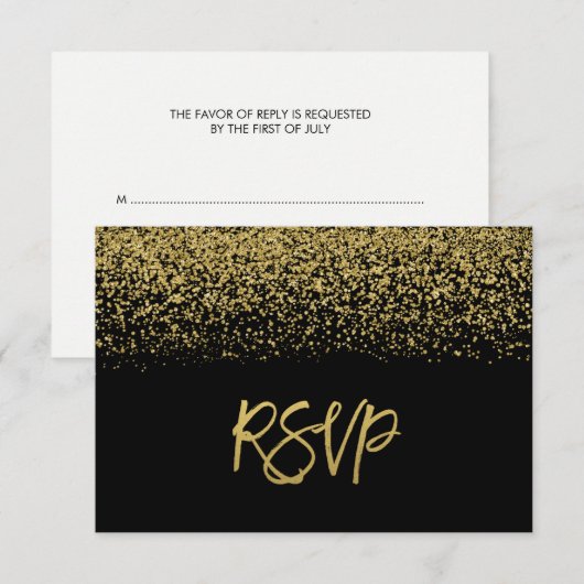 Modern Black Faux Gold Glitter RSVP (Voorkant / Achterkant)