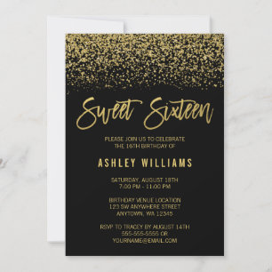Modern Black Faux Gold Glitter Sweet 16 Birthday Kaart
