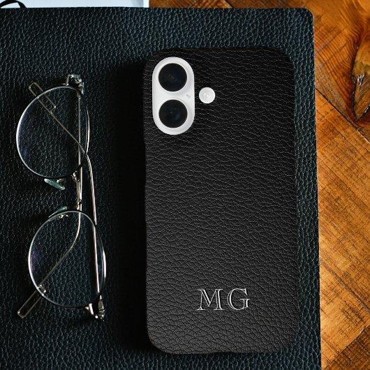 Modern Black Faux Leather White Monogram Initials Case-Mate iPhone Case