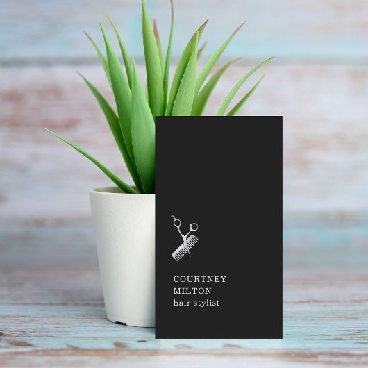 Modern Black Faux Silver Scissors Comb Haarstylist Visitekaartje