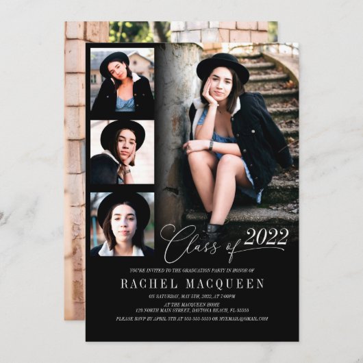 Modern Black Five Photo Collage Graduparty Kaart (Voorkant / Achterkant)