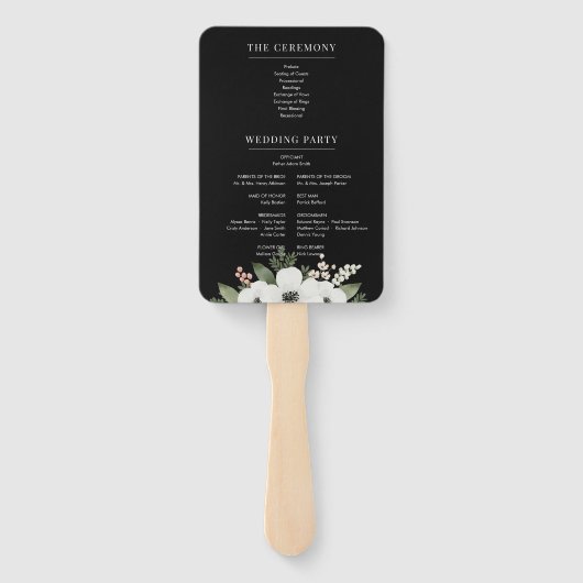 Modern Black Floral Botanical Wedding Programme Handwaaier (Achterkant)