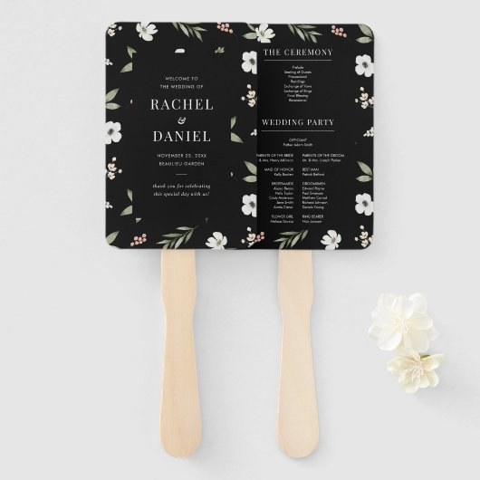 Modern Black Floral Botanical Wedding Programme Handwaaier (Voorkant en achterkant)