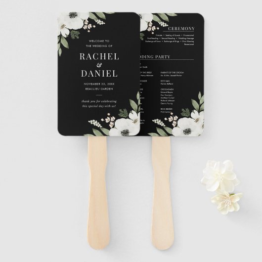 Modern Black Floral Botanical Wedding Programme Handwaaier (Voorkant en achterkant)